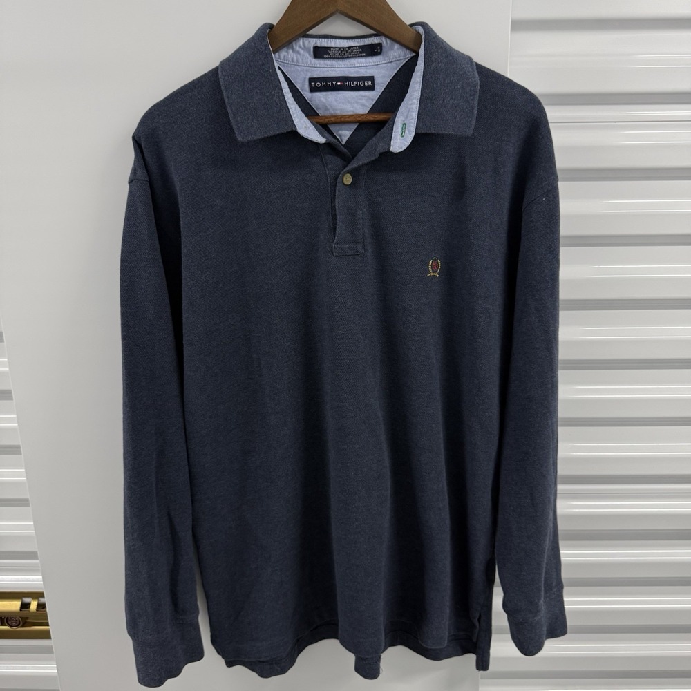 Tommy Hilfiger Men's L Navy Long Sleeve Crest Logo Polo Shirt Y2K